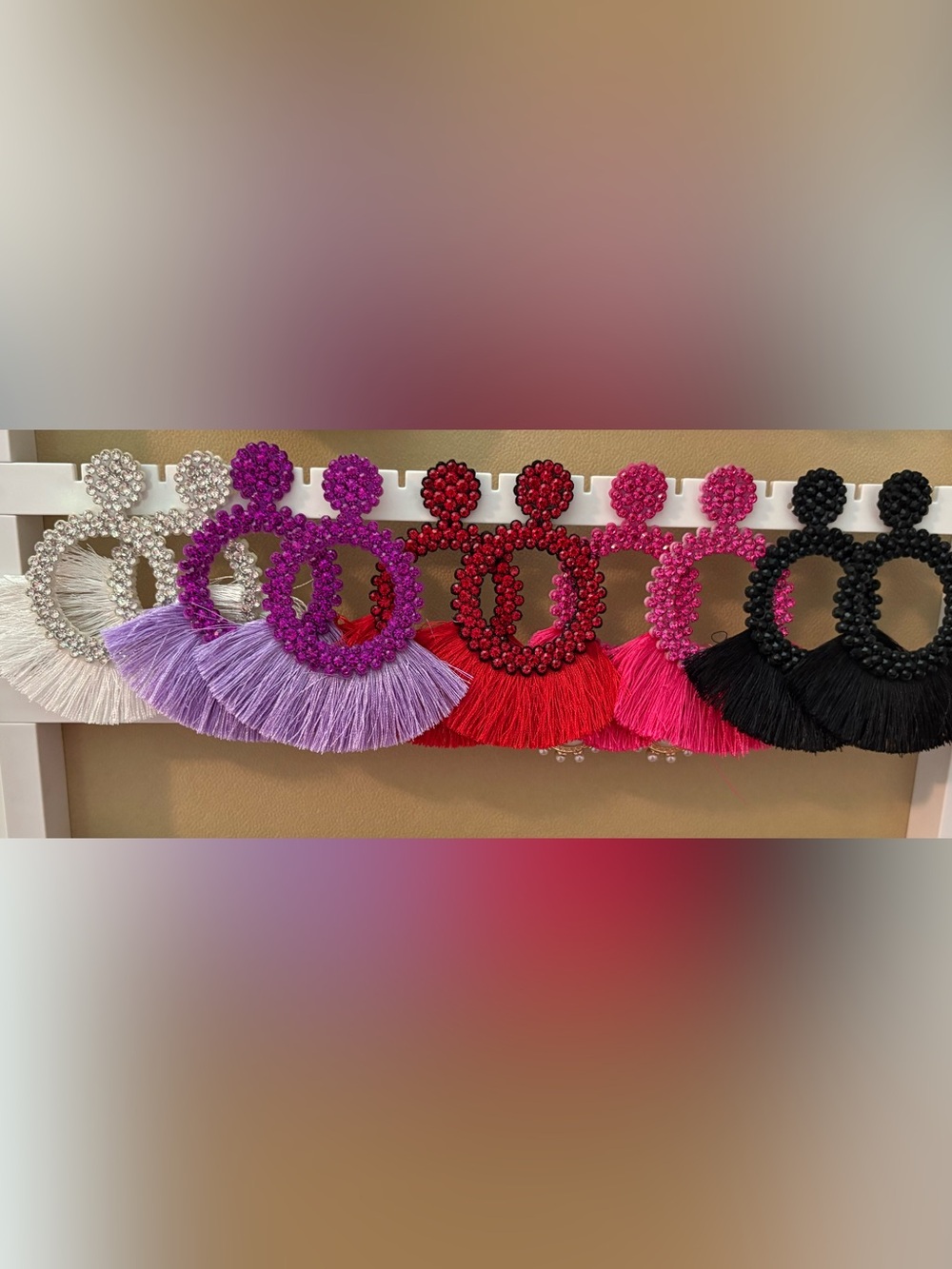 Bundle of 5: Fringe Hoop Earrings - Black, Pink, Red, Purple, White